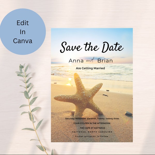 Beach Wedding Save The Date, Ocean Wedding, Destination Wedding, Save the Date Template, Tropical Wedding, Printable Wedding Invitation