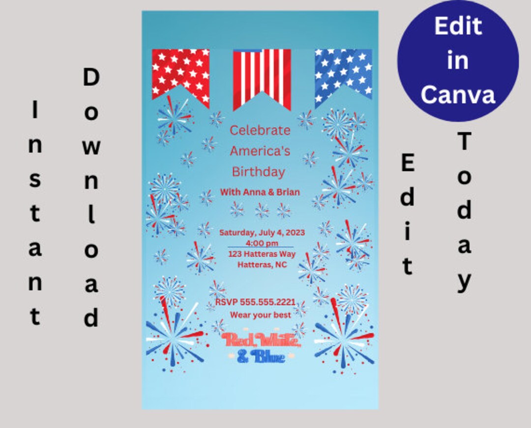 4th of July Party Editable Invitation, 5X7 Fourth of July Invitation ...