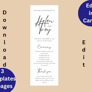 Minimalistische bruiloftsprogrammasjabloon, afdrukbare ceremonie | Moderne bruiloftsprogrammasjabloon, bewerkbare tekst, doe-het-zelfprogrammakaart