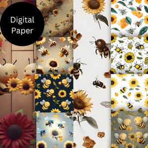 Bee Sunflower Digital Paper, Junk Journal and General Paper Crafts, Bumble Bee,
