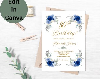 80th Birthday Invitation, Any Age Birthday Invitation, Blue Birthday, Men's Birthday, Editable birthday invitation, Surprise Party Invite