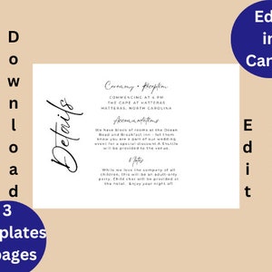 Minimalist wedding details card, Wedding invitation insert, Wedding accommodations card, Wedding details, Instant download, Party details