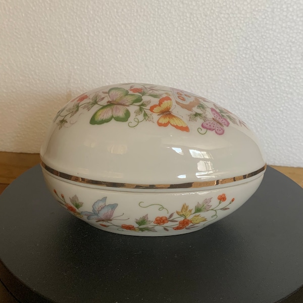 Vintage  Avon  Fine Porcelain  Egg Shaped  Covered Dish  With Butterflies Hand Painted On It | Ceramic Egg Shaped Trinket dish