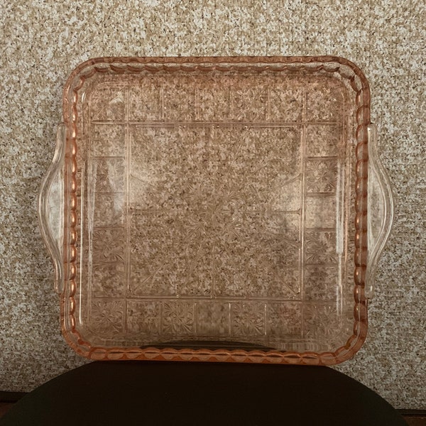 Vintage Pink Square Depression Glass Doric 8” Relish Tray  With 2. Handles | Jeannette Glass 1930s Serving Tray | Very Nice | Attractive