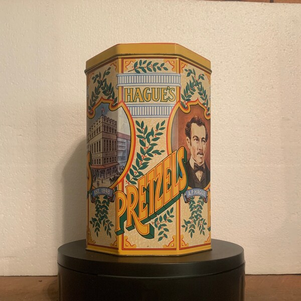 Vintage Tin Snack Canister | Old Metal Pretzel Can | Mid Century Steel Snack Container | Color full Storage Can With Hinged Lid | Collector