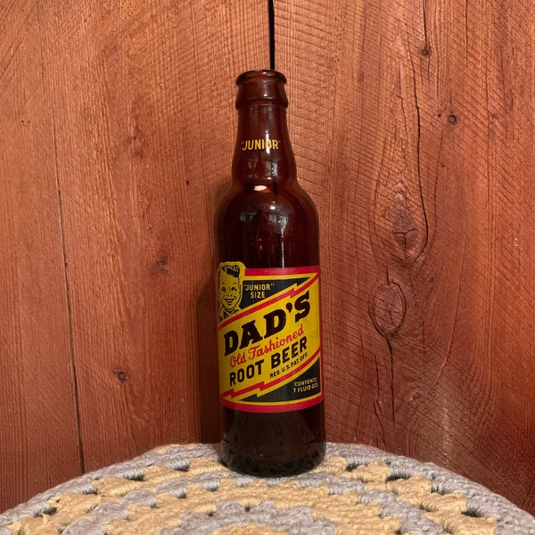 Vintage Dads Old Fashioned Root Beer Bottle Junior Size | Mid Century 7 Ounce Bottle | Brown Glass Bottle With Enamel Label | 1950s  8” Tall