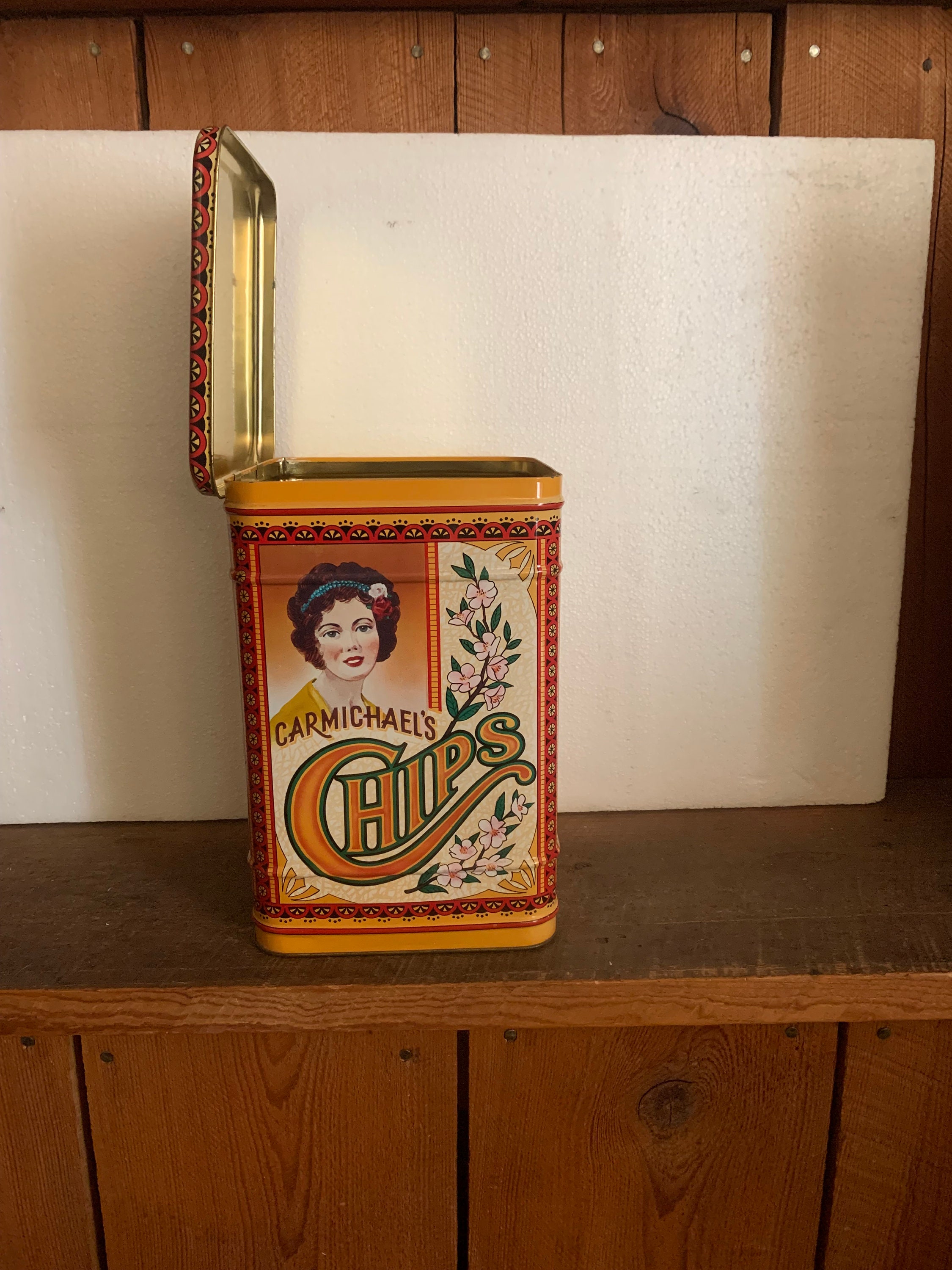 Vintage Carmichaels Chips Tin Kitchen Canister Metal Chip Container Mid Century Steel Storage