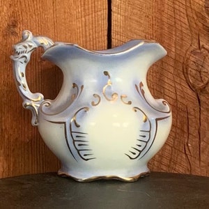 Vintage Ceramic Blue and White With Gold Trim Night Stand Water Pitcher | Unique Small Stoneware Pitcher | Part Of Chamber Stand Set