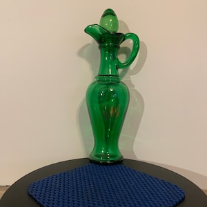 Vintage Emerald Green Avon Decanter | Glass Decanter With Glass Stopper | Dark Green Bottle With Gold Tree Like Design On Side | Functional