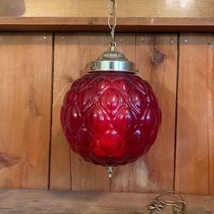 Vintage Round Red Painted Glass Swag Light | Mid Century Hanging
