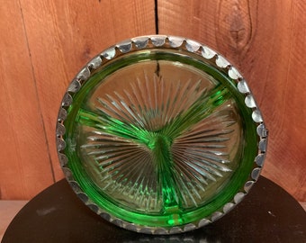 Vintage Divided Green Glass Relish Dish | Green Depression