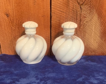Vintage Pair Of White Opalescent Swirl Fenton DeVilbiss Glass Perfume Bottles | 1920s Early Century Hand Blown All Glass Perfume Bottles