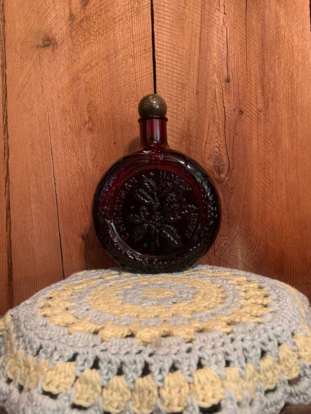 Vintage Red Round Christmas Holly Bottle 1973 Wheaton Royal Ruby Red