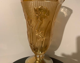 Vintage Carnival Glass |  Jeanette Iridescent Iris And Herringbone Gold Luster Vase | Embossed Iris And Herringbone Early 20th Century Vase