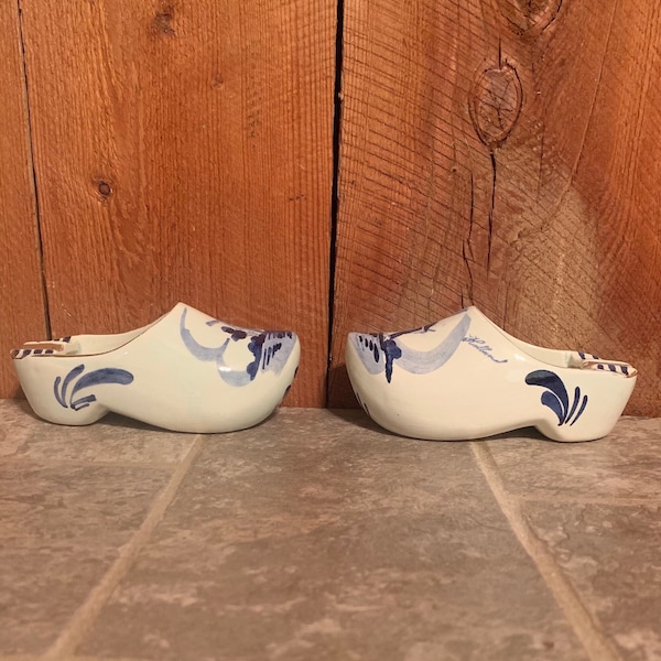 Vintage Delft Blue and White Gold Trimmed Clogs | IKLA Holland Windmill Ashtrays | 1960s | Mid Century | Home Decor | Ceramic Den Ware