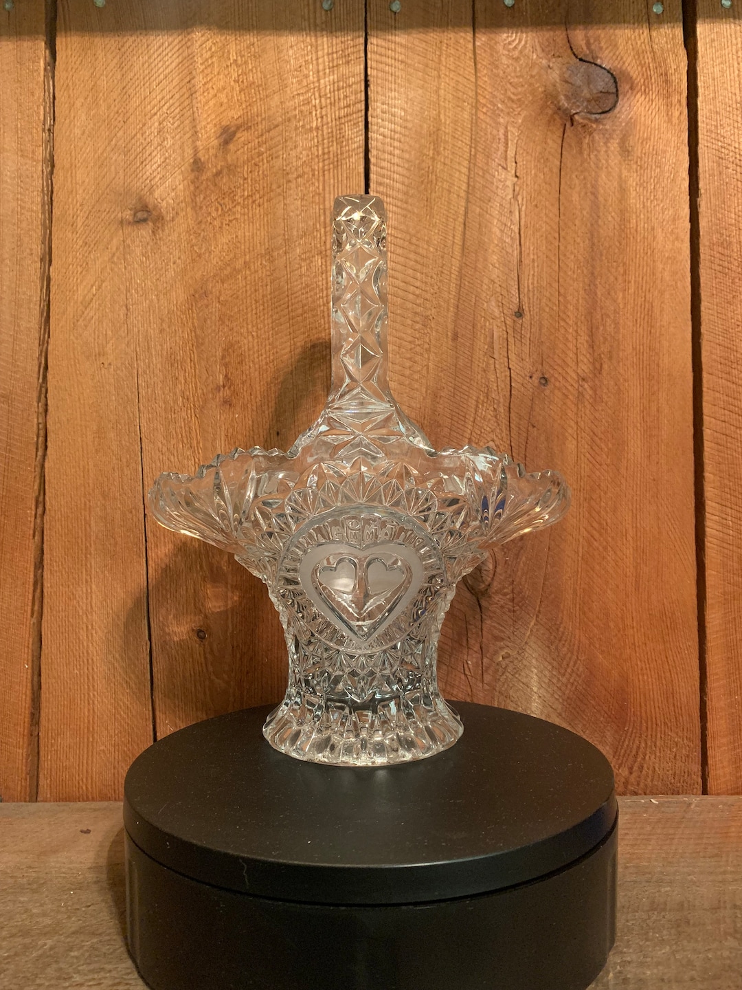 Vintage Crystal Bridal Flower Basket 1930s Etched Glass Wedding Basket Clear Glass Center Piece