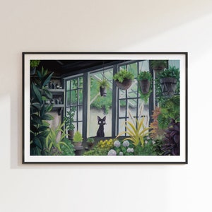 Kiki's Greenhouse | A4 giclée print | Botanical cat gouache painting | Anime illustration | plants and flowers wall art