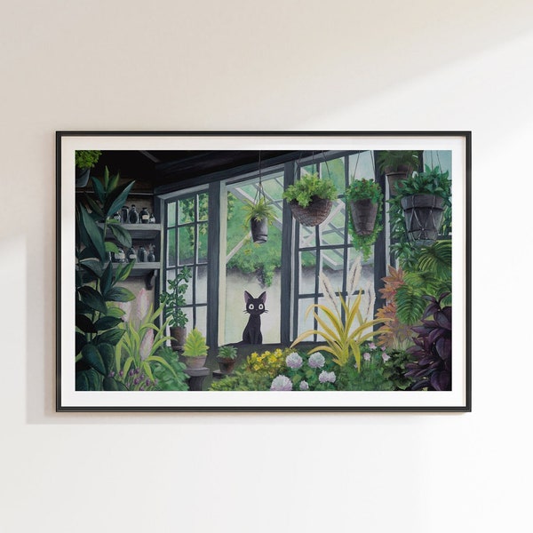 La serre de Kiki | Impression giclée A4 | Peinture à la gouache chat botanique | Illustration d'anime | plantes et fleurs art mural