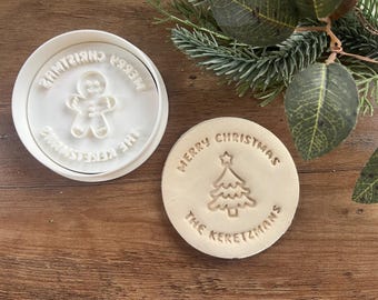 Personalized Merry Christmas Cookie Cutter and Stamp - Customized Text - Holiday Cookies - Family Name - Christmas Tree - Gift Idea