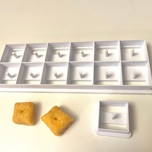 May include: White plastic mold with 12 square compartments, each with a small raised circle in the center. Two small, square, golden brown snacks with a hole in the center are next to the mold. A single square compartment from the mold is also shown.
