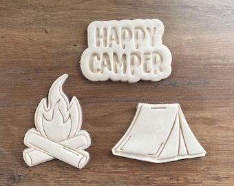 Tent Camping Cookie Cutter and Stamp Set - Happy Camper - Campfire - Outdoors - Custom Cookies for Kids