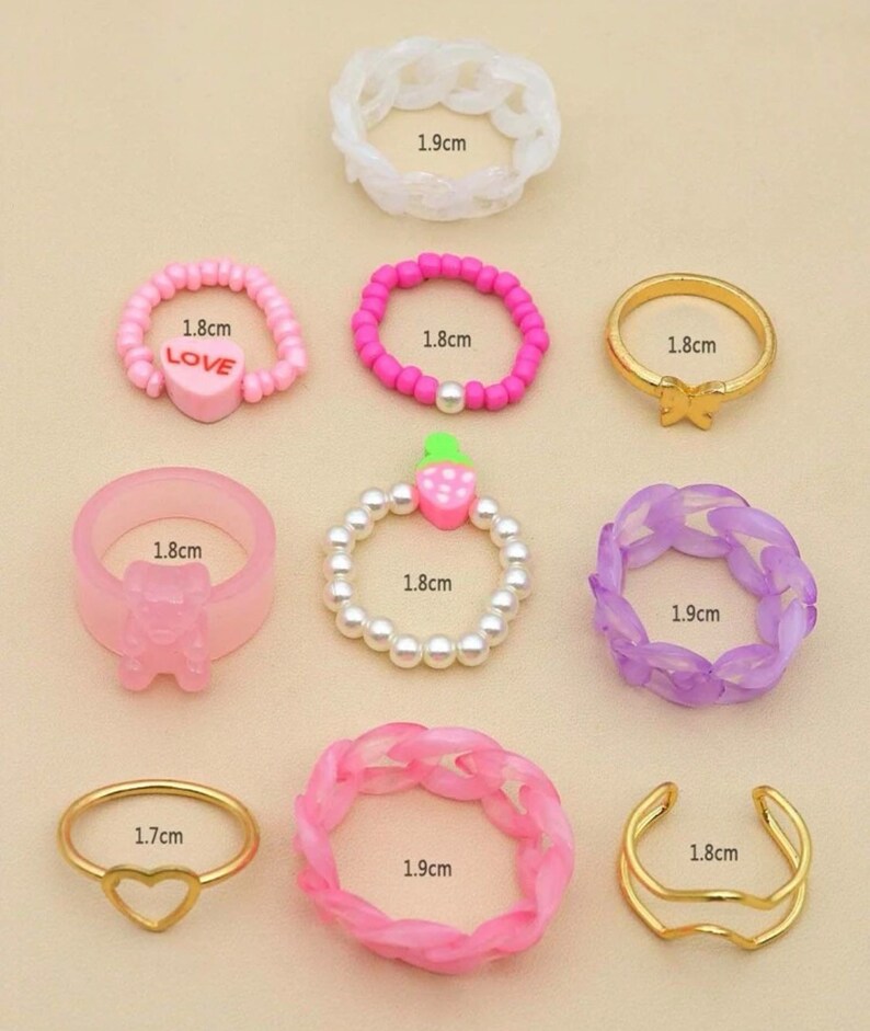 Chunky rings, Stackable rings, gummy bear rings, heart rings, set of 10 rings, Kawaii rings, pink ring set image 4