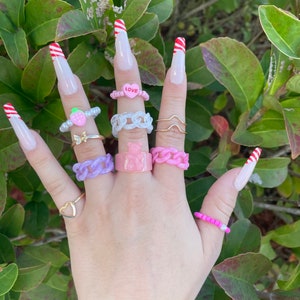 Chunky rings, Stackable rings, gummy bear rings, heart rings, set of 10 rings, Kawaii rings, pink ring set image 1