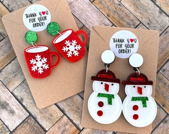 Snowman dangle stud earrings, Christmas cup dangle earrings, snowflake Christmas earrings