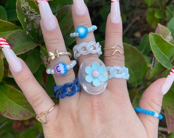 Chunky rings, Stackable rings, blue rings, flower rings, gold rings, adjustable rings,  set of 10 rings, Kawaii rings