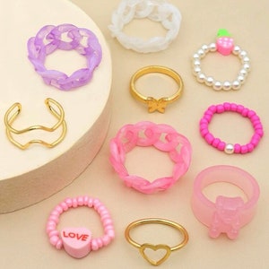 Chunky rings, Stackable rings, gummy bear rings, heart rings, set of 10 rings, Kawaii rings, pink ring set image 6