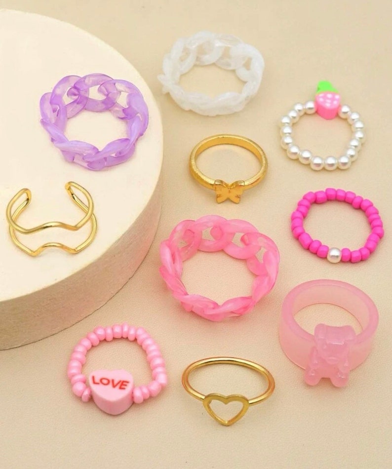 Chunky rings, Stackable rings, gummy bear rings, heart rings, set of 10 rings, Kawaii rings, pink ring set image 6