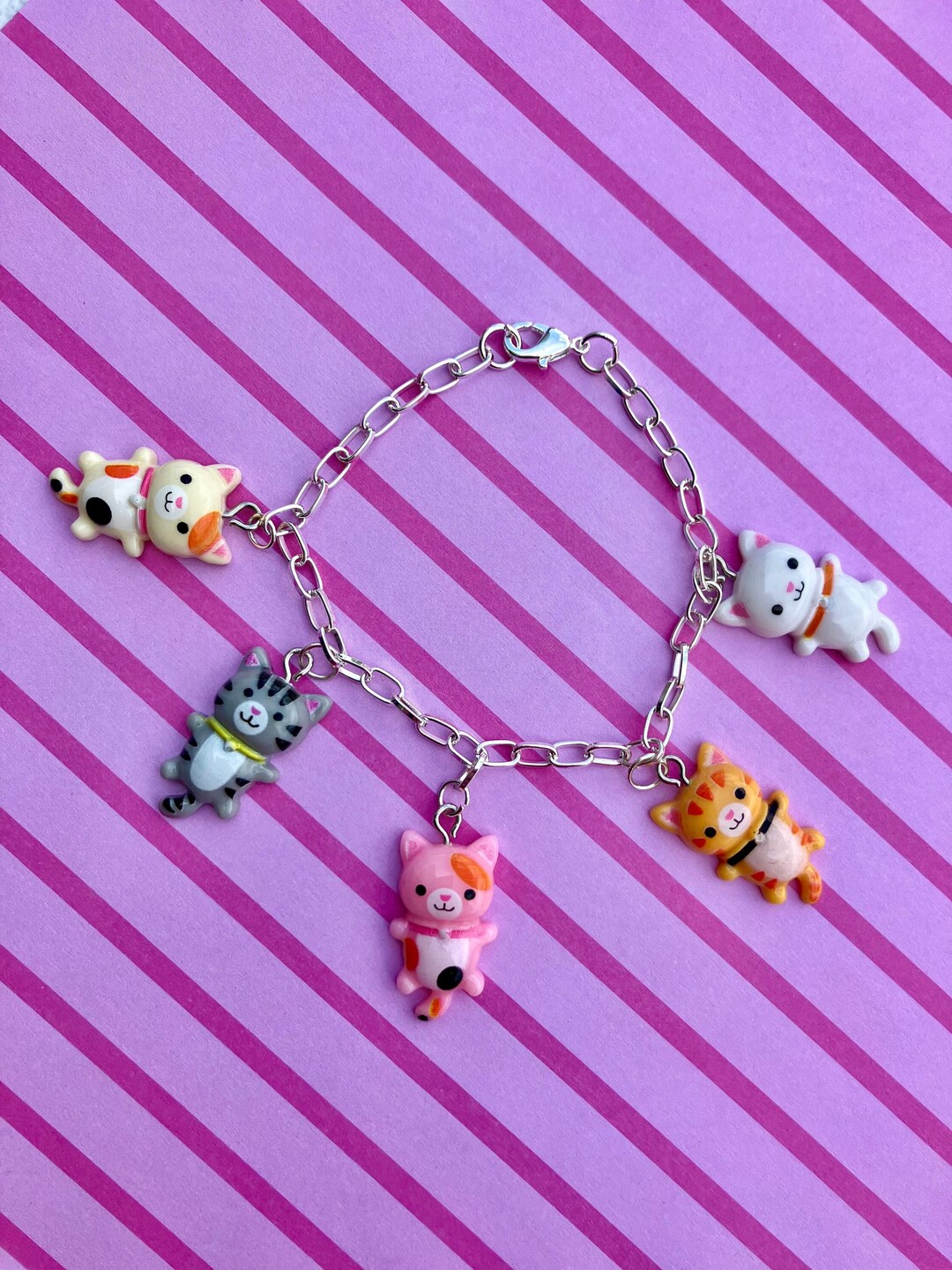 Chunky Kawaii Cat Charm Bracelet With Charms Kitty Cat Charm Etsy