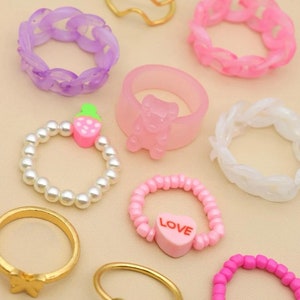 Chunky rings, Stackable rings, gummy bear rings, heart rings, set of 10 rings, Kawaii rings, pink ring set image 5