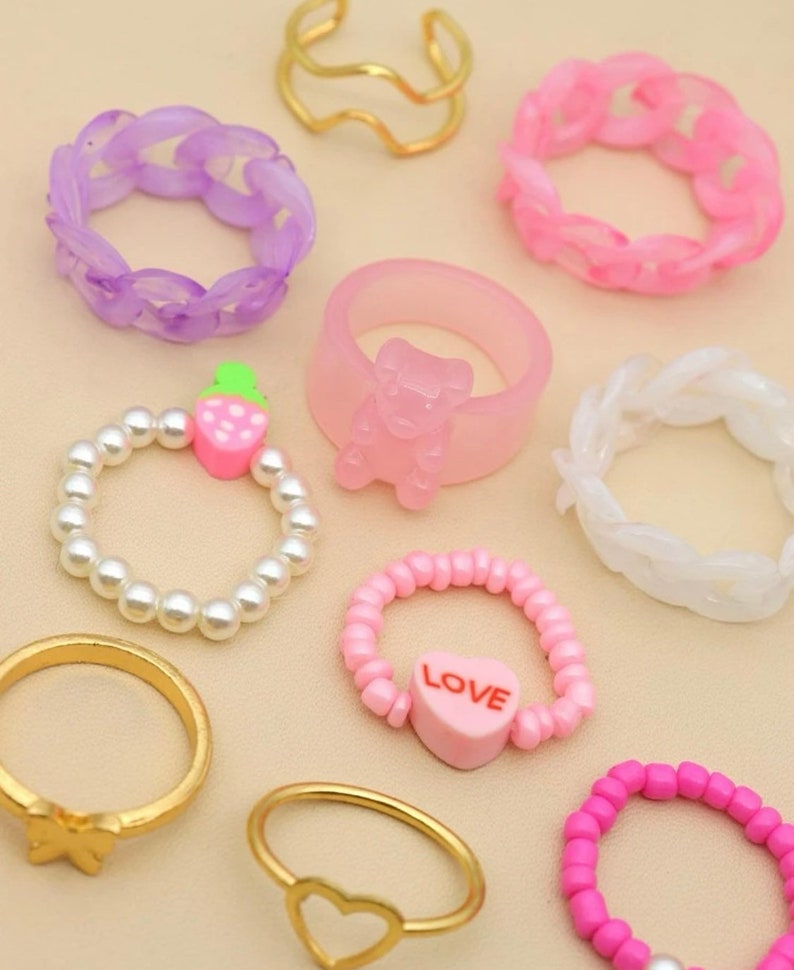 Chunky rings, Stackable rings, gummy bear rings, heart rings, set of 10 rings, Kawaii rings, pink ring set image 5