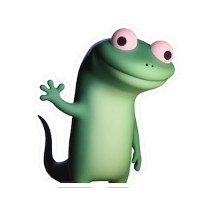 May include: A green cartoon lizard sticker with a friendly expression, waving its hand. The lizard has large pink eyes and a long, curved tail. The sticker is designed with a white border.