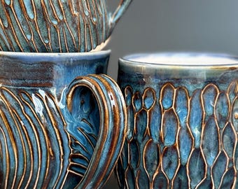 Hand Carved Ceramic Mug: Wheel Thrown Pottery Coffee Mug