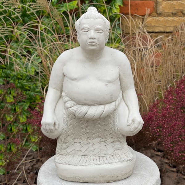 Concrete sumo wrestler statue Stone sumo man figurine Cement sumoist sculpture Outdoor Japanese Zen garden ornament Backyard and home decor