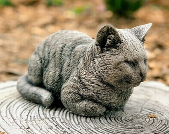 Stone sleeping cat sculpture Concrete cat memorial statue Outdoor garden decor Grey sleeping cat figurine Cement garden decoration Beton cat