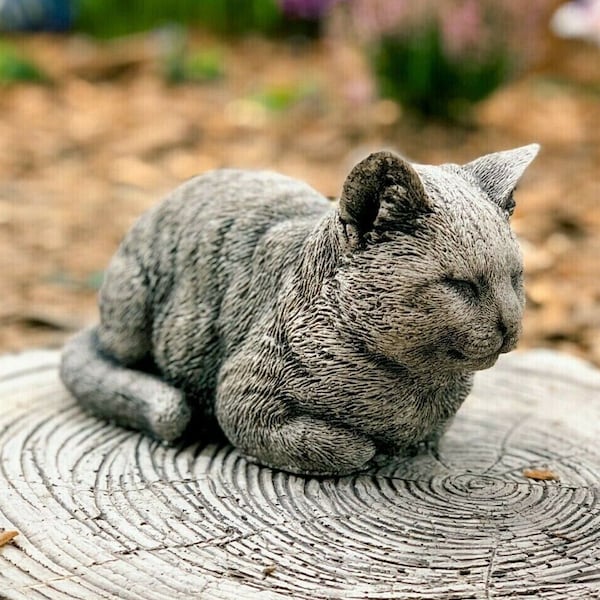 Stone sleeping cat sculpture Concrete cat memorial statue Outdoor garden decor Grey sleeping cat figurine Cement garden decoration Beton cat