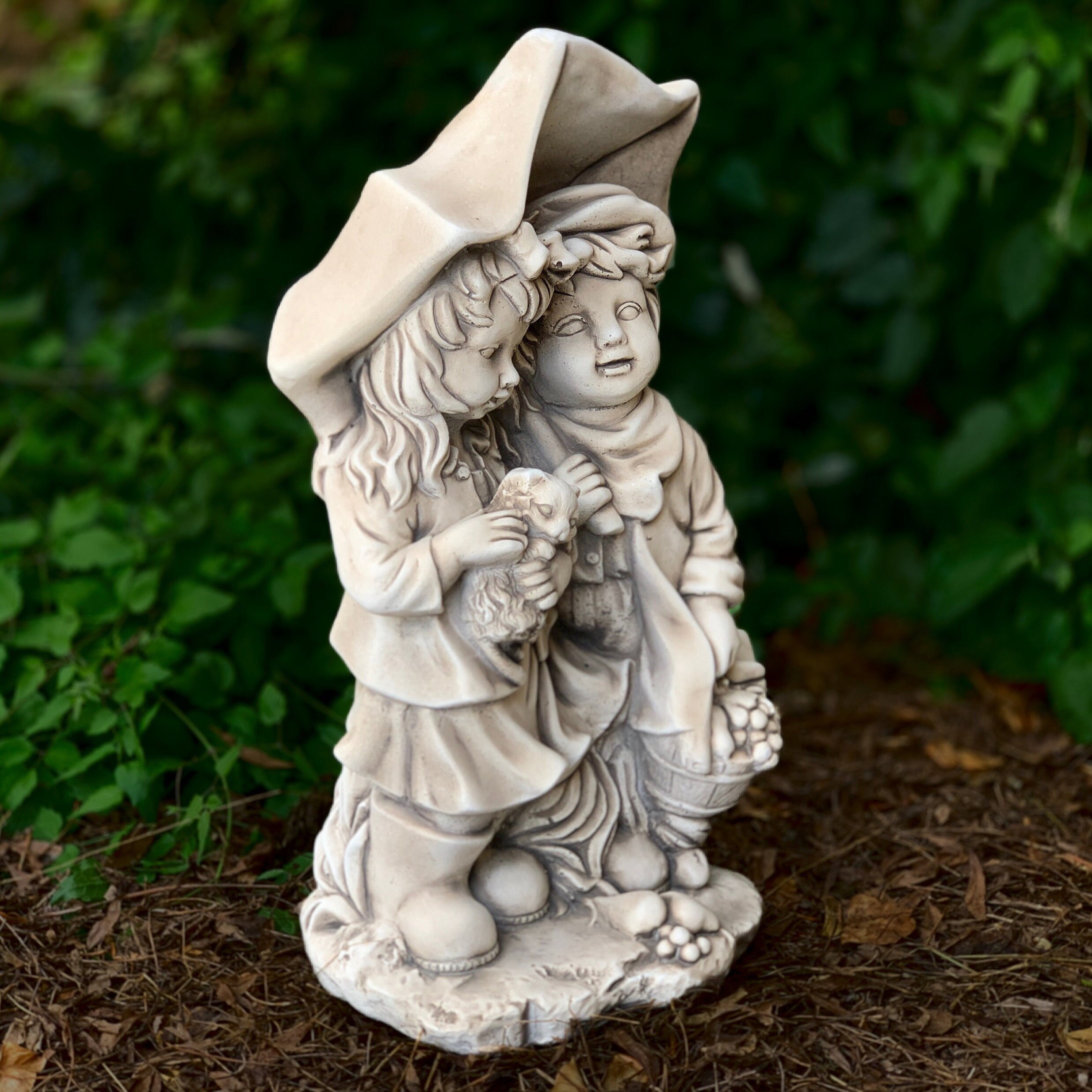 Kids With Umbrella Statue Boy and Girl Figure Concrete Children