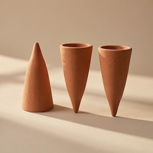 May include: Three terracotta-colored objects with a matte finish. One object is a solid cone, while the other two are hollow, cone-shaped vessels with open circular tops. The surfaces feature a slightly textured, earthy appearance in a warm brown tone.