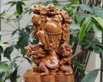 Wooden laughing Buddha standing on the Dragon Turtle, Crafted Maitreya Buddha, Happy Buddha, Hotei, Budai, Pu tai, Big Belly Buddha