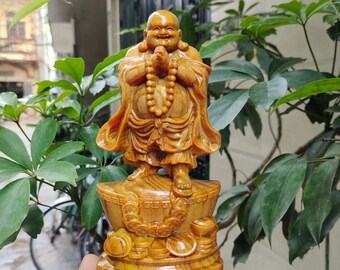 Laughing Buddha (7.8”H), Wooden Buddha, Maitreya Buddha, Feng shui statue, Happy Buddha, Buddha, Hotei, Budai, Pu tai, the Big Belly Buddha