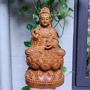 Handcrafted Guanyin Buddha (11.8 inches) sitting on a Lotus pedestal, Wooden Kuan Yin Buddha statue, Buddha gift, home décor