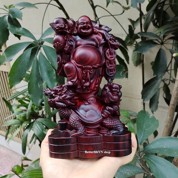 The laughing Buddha standing on the Dragon Turtle, Maitreya Buddha, Feng shui statue, Happy Buddha, Hotei, Budai, Pu tai, Big Belly Buddha