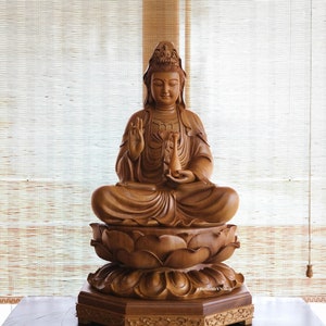 Handcrafted Guanyin Buddha (18.5 inches) Kuanyin Buddha statue, Mother buddha, Buddha statue for altar, Wooden Guan Yin Buddha