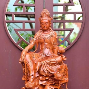 Handcrafted Guanyin Buddha (23.6”H) sitting, Kuanyin Goddess of Mercy, Mother buddha, Buddha statue for altar, Wooden Guan Yin Buddha