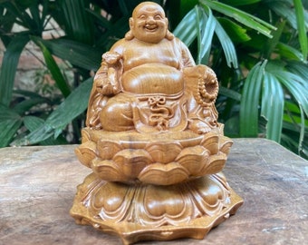 The laughing Buddha (4.5”H), Wooden Chinese Buddha, Maitreya Buddha, Feng shui statue