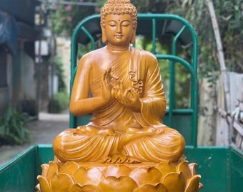 Wooden Gautama Buddha in 19.6/23.6/31.4 in, Shakyamuni Buddha Statue, Crafted Sculpture of Gautama, Wooden statue of Gautama.