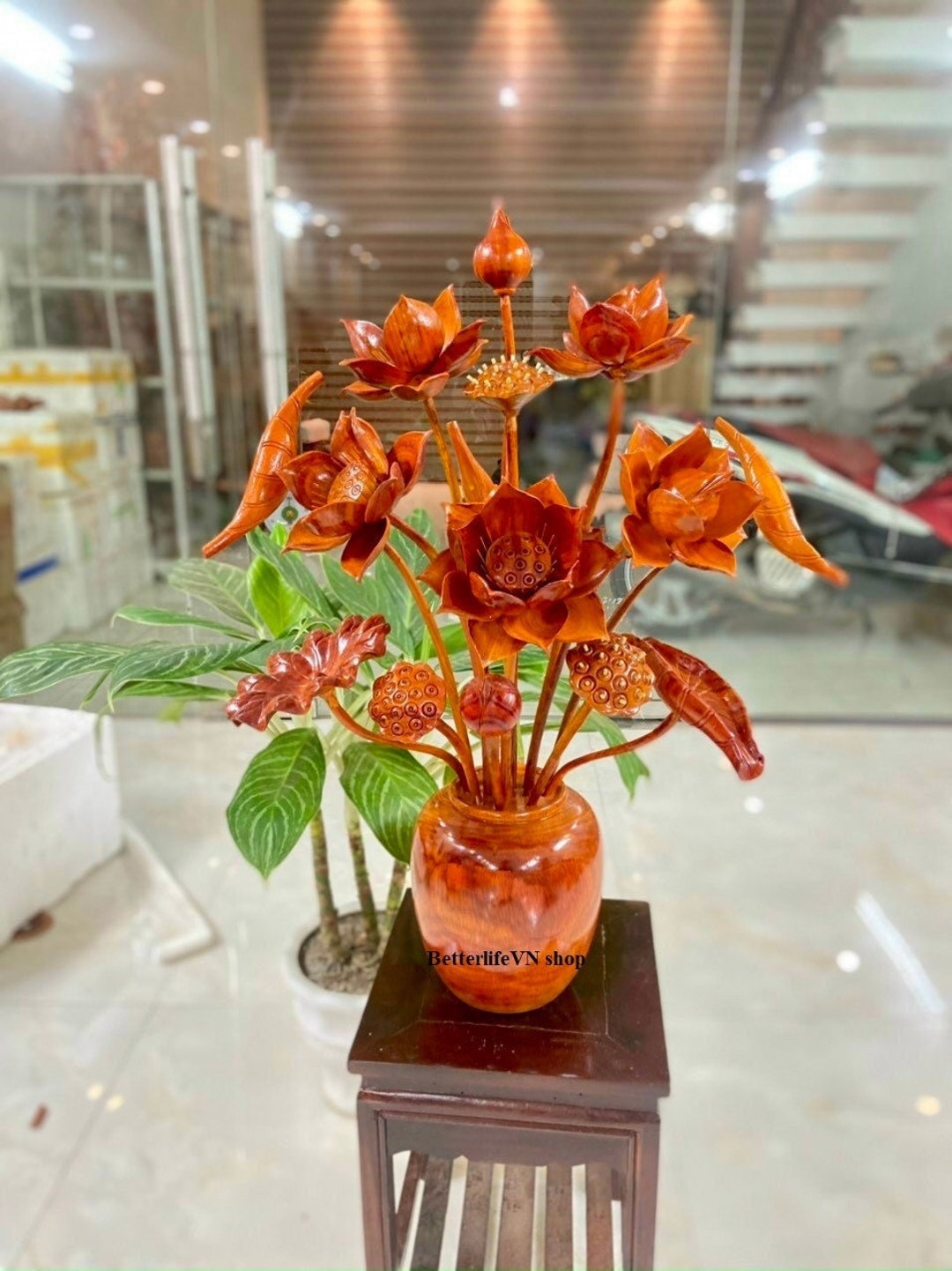 Wooden Vase of Lotus Flower, Handcrafted Lotus Flower, Home Decor, Gift